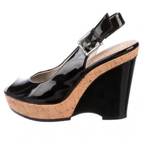 Donald J.  Pliner shoes,8.5,cork,black patent leather sling back platform wedge